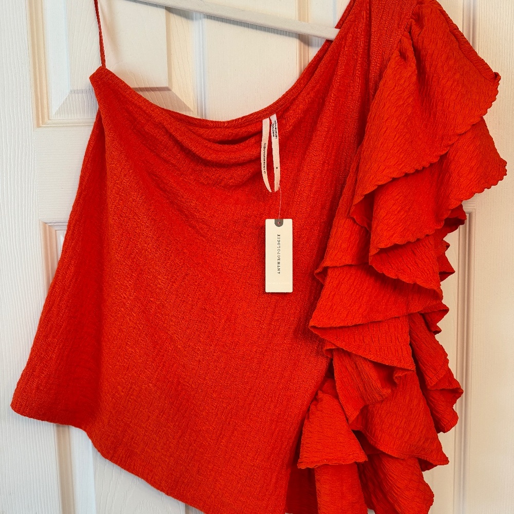 NWT Anthropologie Orange One Shoulder Ruffle Top